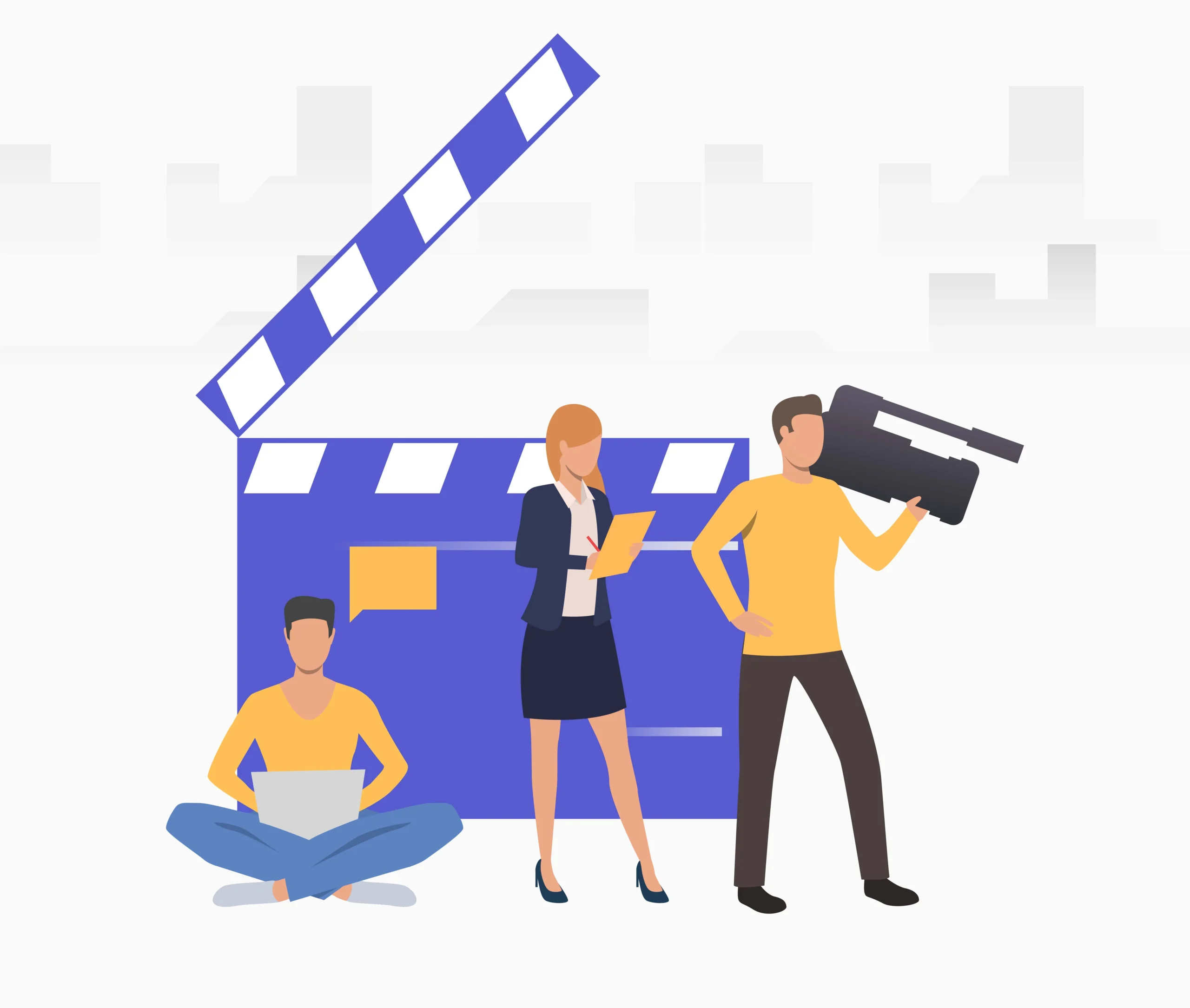 Corporate video production team with professional camera, director and editor on laptop in front of a movie screen