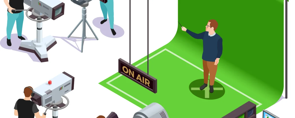 Tournage en studio fond vert professionnel avec équipe de production, caméras, éclairage et régie en direct