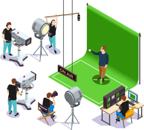 Opnames in een professionele green screen studio met productieteam, camera's, verlichting en live controlekamer