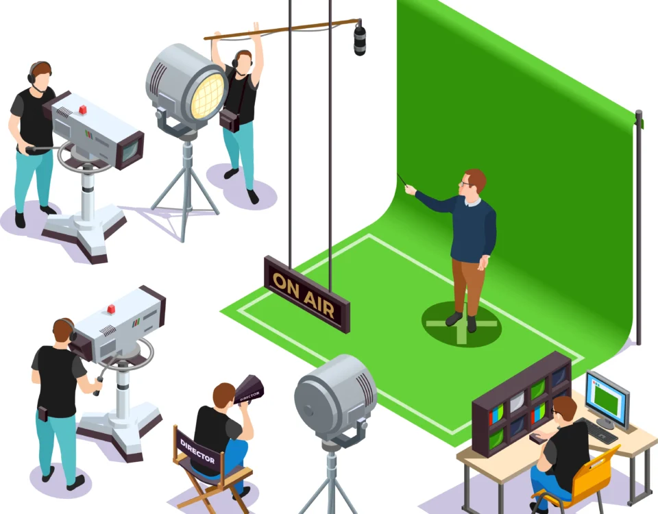 Tournage en studio fond vert professionnel avec équipe de production, caméras, éclairage et régie en direct