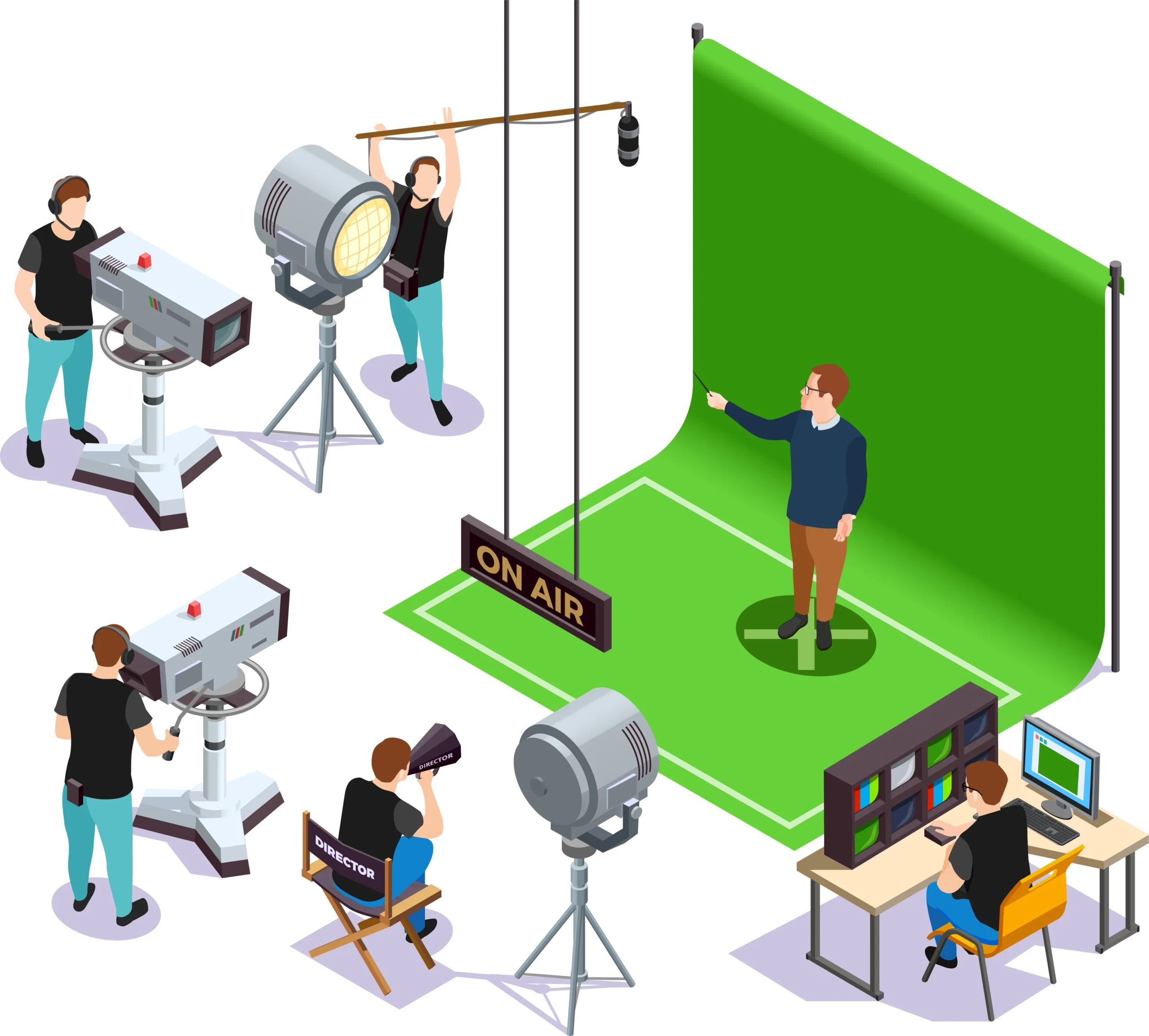 Shooting in a professional green screen studio with production team, cameras, lighting and live control.