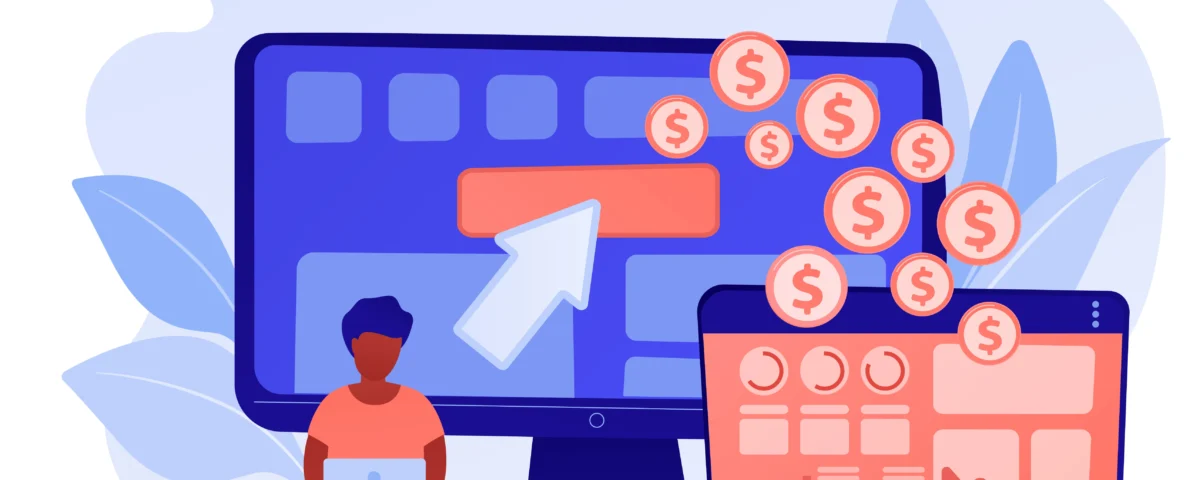 Illustration d’un podcasteur travaillant sur ordinateur avec des indicateurs financiers et des pièces symbolisant la monétisation et les revenus en ligne