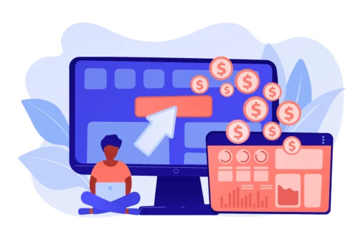 Illustration of a podcaster working on a computer with financial indicators and coins symbolizing monetization and online revenues.