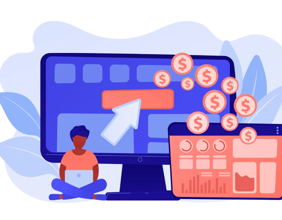 Illustration d’un podcasteur travaillant sur ordinateur avec des indicateurs financiers et des pièces symbolisant la monétisation et les revenus en ligne